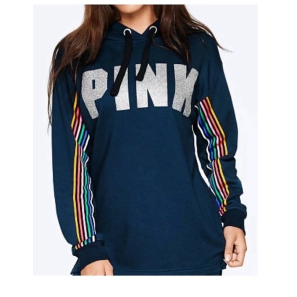 Victoria’s Secret PINK Logo NWT Bling Rainbow Pullover Hoodie Sweatshirt New XS